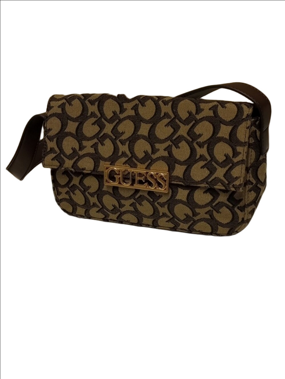 🆕 GUESS MONOGRAM TAN & BROWN CANVAS SHOULDER BAG WITH GOLD HARDWARE